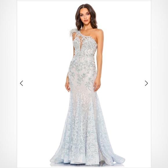 Mac Duggal Ice Blue Embroidered Lace Feathered One Shoulder Gown - Picture 4 of 9